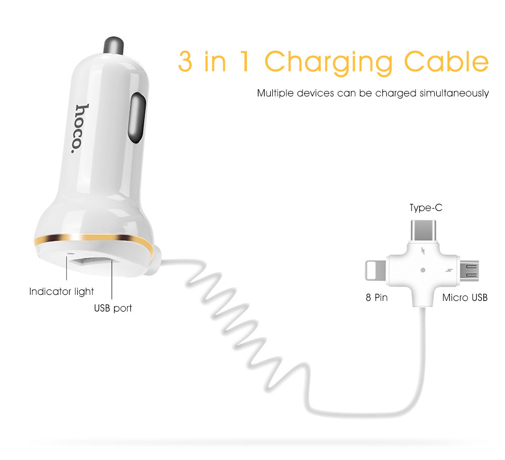 HOCO Z5 Single USB Smart Car Charger 5V 3.4A with Type-C Micro USB 8Pin Three in One Cable Wide Compatible - White