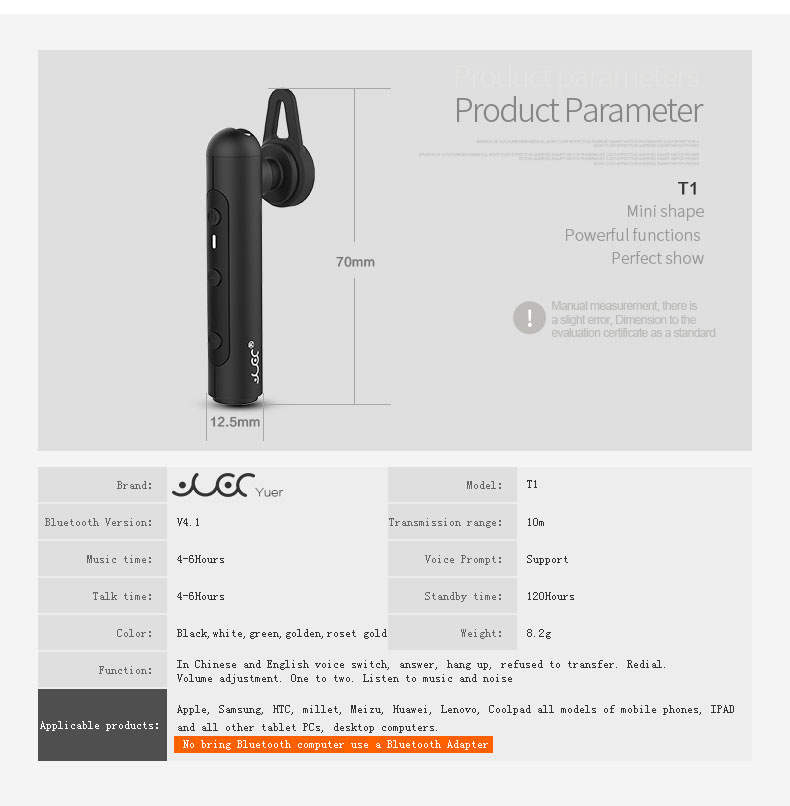 YUER T1 Single Wireless Bluetooth Earphone Noise Reduction Stereo Music Headset - Black