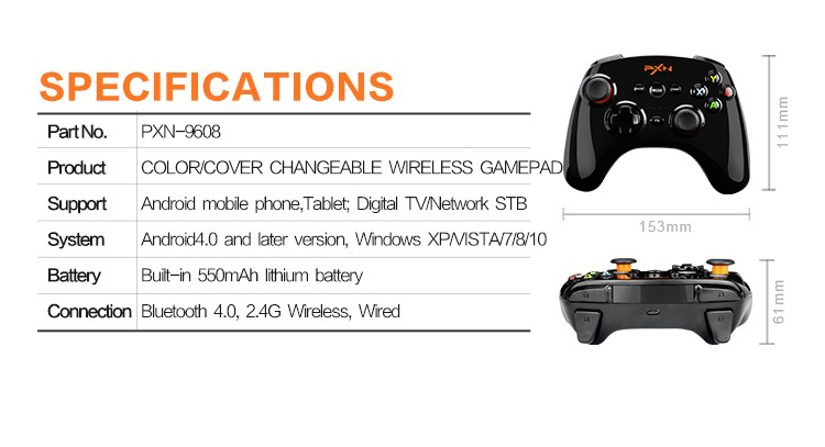 PXN-9608 2.4GHz Wireless Bluetooth Gamepad Vibration Handle Mouse Simulation for Android/PC - Black