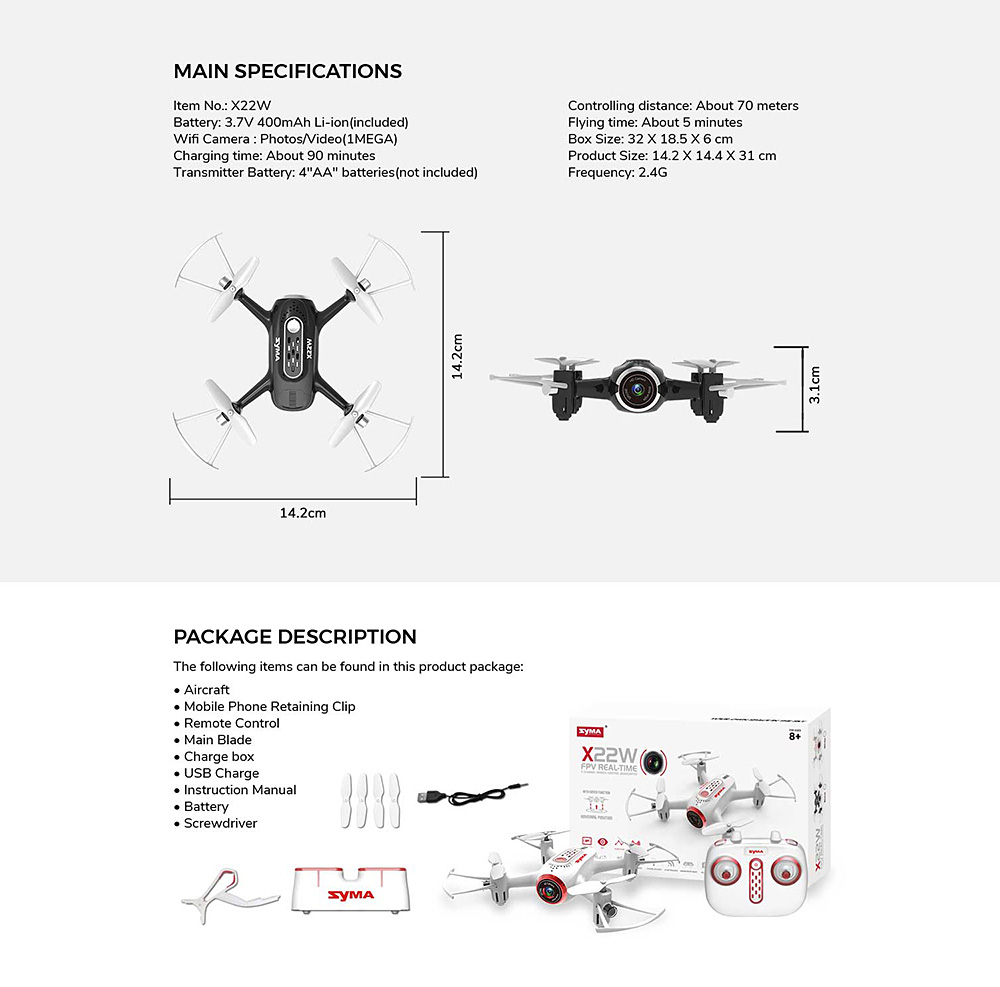 SYMA X22W WIFI FPV RC Quadcopter With HD Camera Altitude Hold Mode RTF - Black