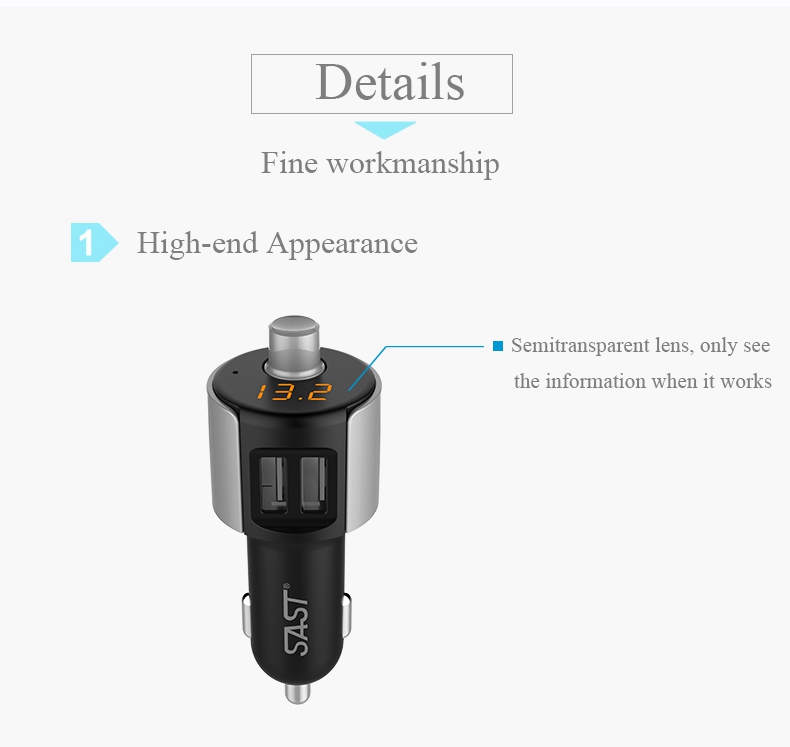 SAST T56 Dual USB Ports Wireless Bluetooth Car Charger MP3 Player FM Transmitter Handsfree Calling with Voltage Diagnostic - Black+Silver