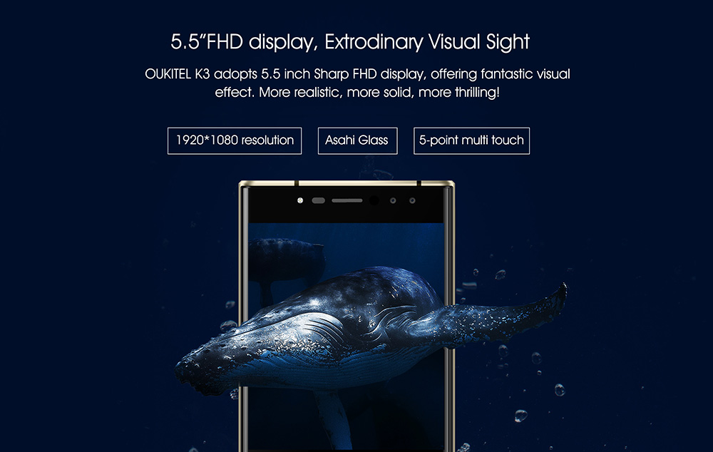 OUKITEL K3 5.5 Inch 4G LTE Smartphone 6000mAh Battery 4GB RAM 64GB ROM 16MP MT6750T Octa Core Android 7.0 Four Cameras Touch ID - Blue