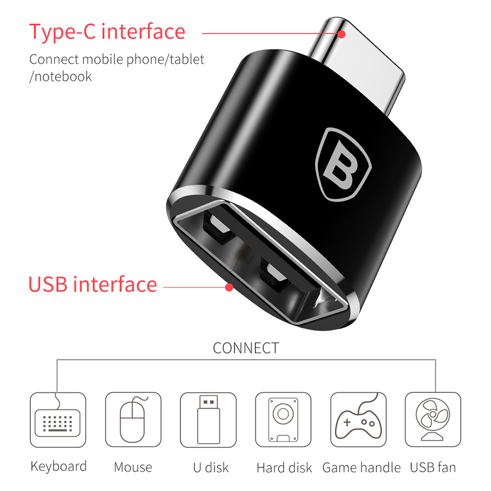 Baseus CAAOTG-01 USB 2.0 Female to Type-C Male Adapter Converter For Mobile Phone PC Tablet Notebook - Black