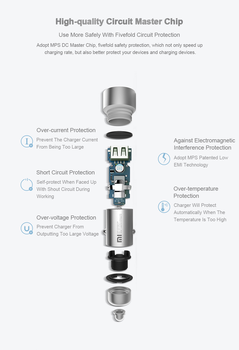 Original Xiaomi Two Port Car Charger Full Metal 5V/3.6A Dual USB Car Charger Fast Charge with LED Light - Silvery Gray