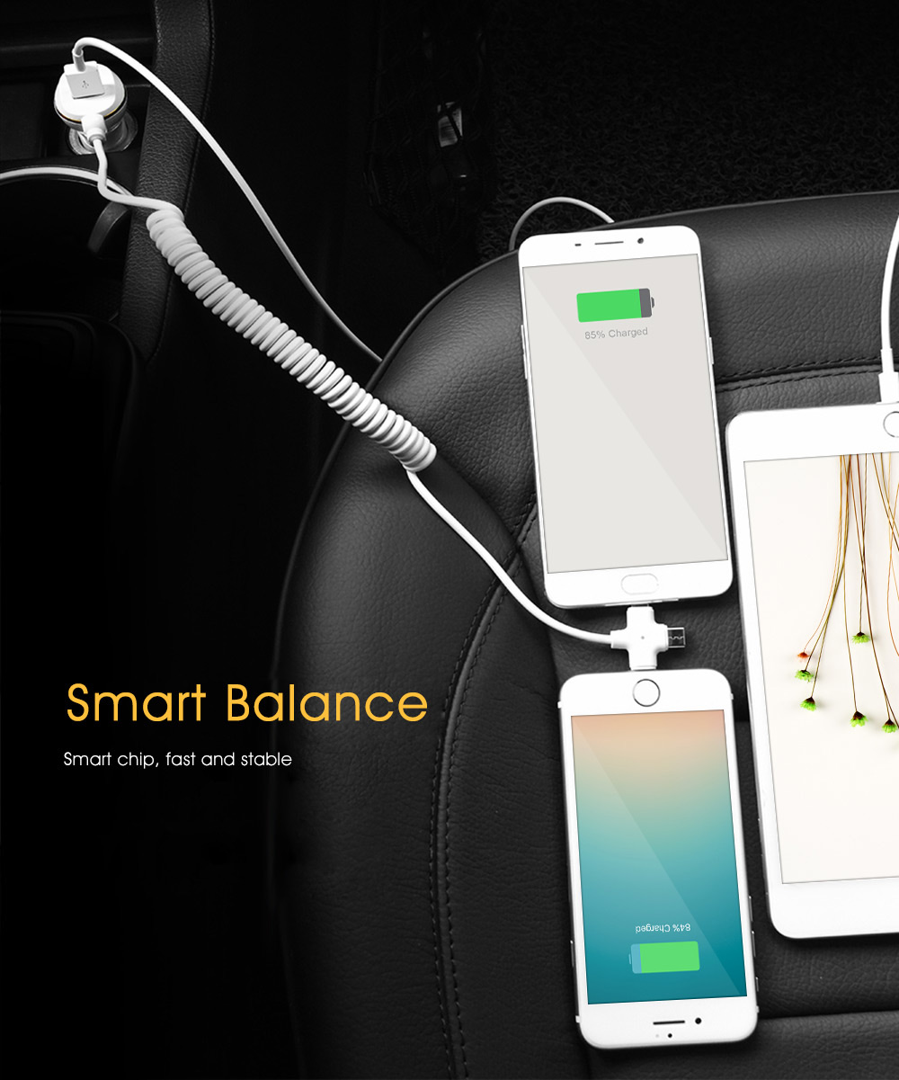 HOCO Z5 Single USB Smart Car Charger 5V 3.4A with Type-C Micro USB 8Pin Three in One Cable Wide Compatible - White