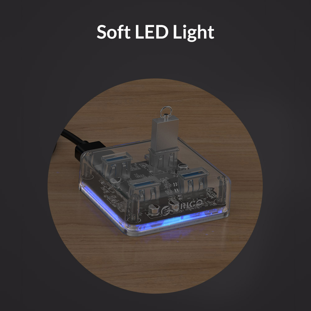 ORICO 4 Ports USB 3.0 Hub 100 CM Data Cable 4 in 1 Plug And Play LED Portable Stable for Desktops Laptops Widely Compatible - Transparent