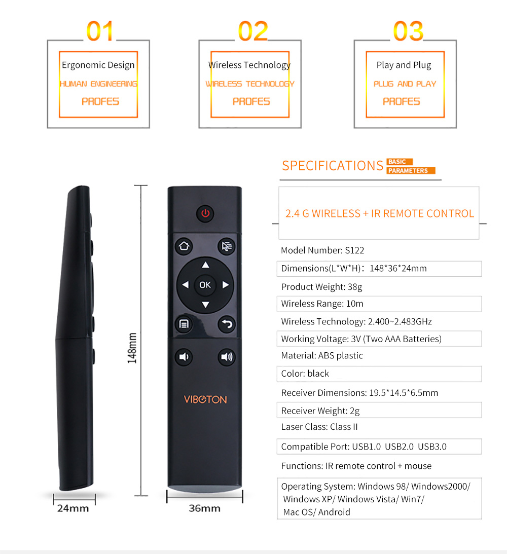 Viboton S122 2.4GHz Wireless Air Mouse Remote IR Remote Controller for PC TV Box