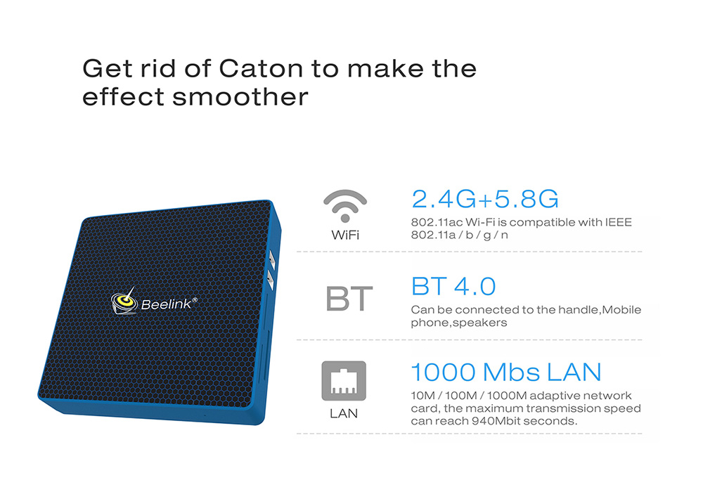 Beelink M1 Licensed Windows 10 64Bit MINI PC Intel Apollo Lake N3450 8GB/64GB 2.4G/5.8G WIFI Gigabit LAN VGA HDMI USB3.0 - Black + Blue