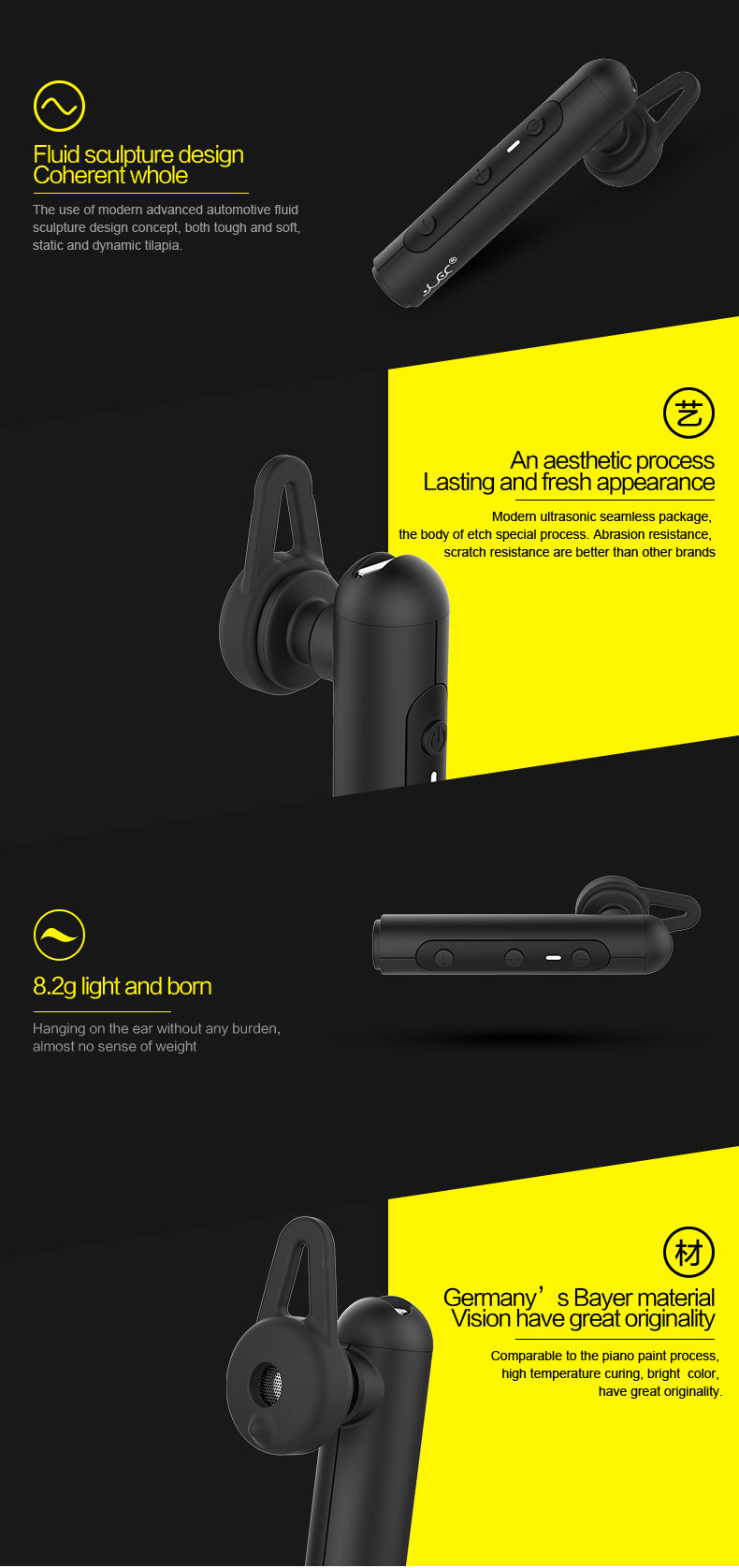 YUER T1 Single Wireless Bluetooth Earphone Noise Reduction Stereo Music Headset - Black
