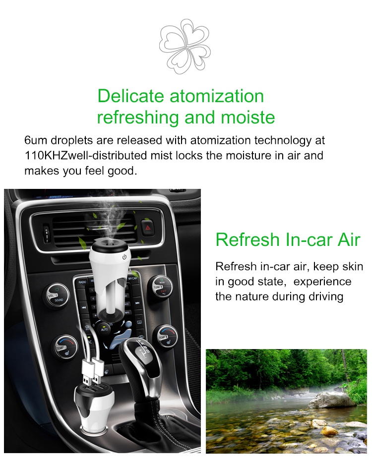 BC20 Multi-functional Car Charger Car Air Purifier Aroma Humidifier 5V 2.1A Portable Dual USB Continuous Intermittent Humidification - White
