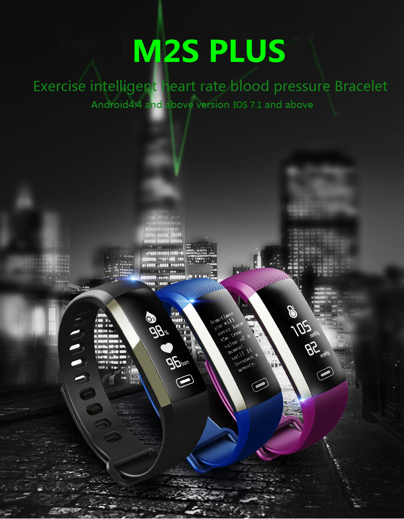Makibes M2S Plus Smart Bracelet Heart Rate Blood Pressure Pulse Meter Fitness Tracker Blue tooth Compatible with iOS Android - Black
