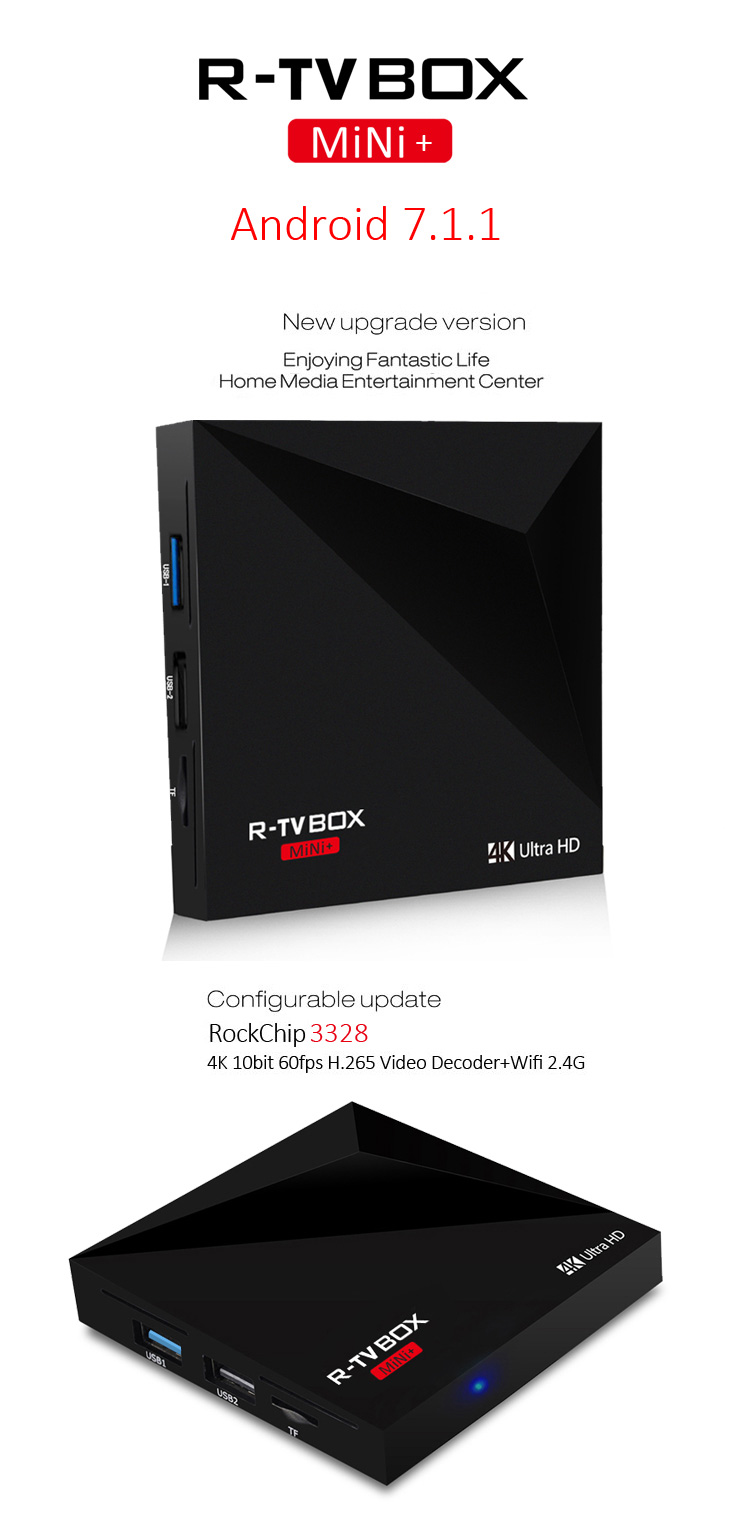 R-TV BOX MINI+ Android 7.1.1 RK3328 4K VP9 KODI 17.1 TV Box 2GB/16GB 802.11 b/g/n WIFI LAN H.265 HDR10 USB3.0