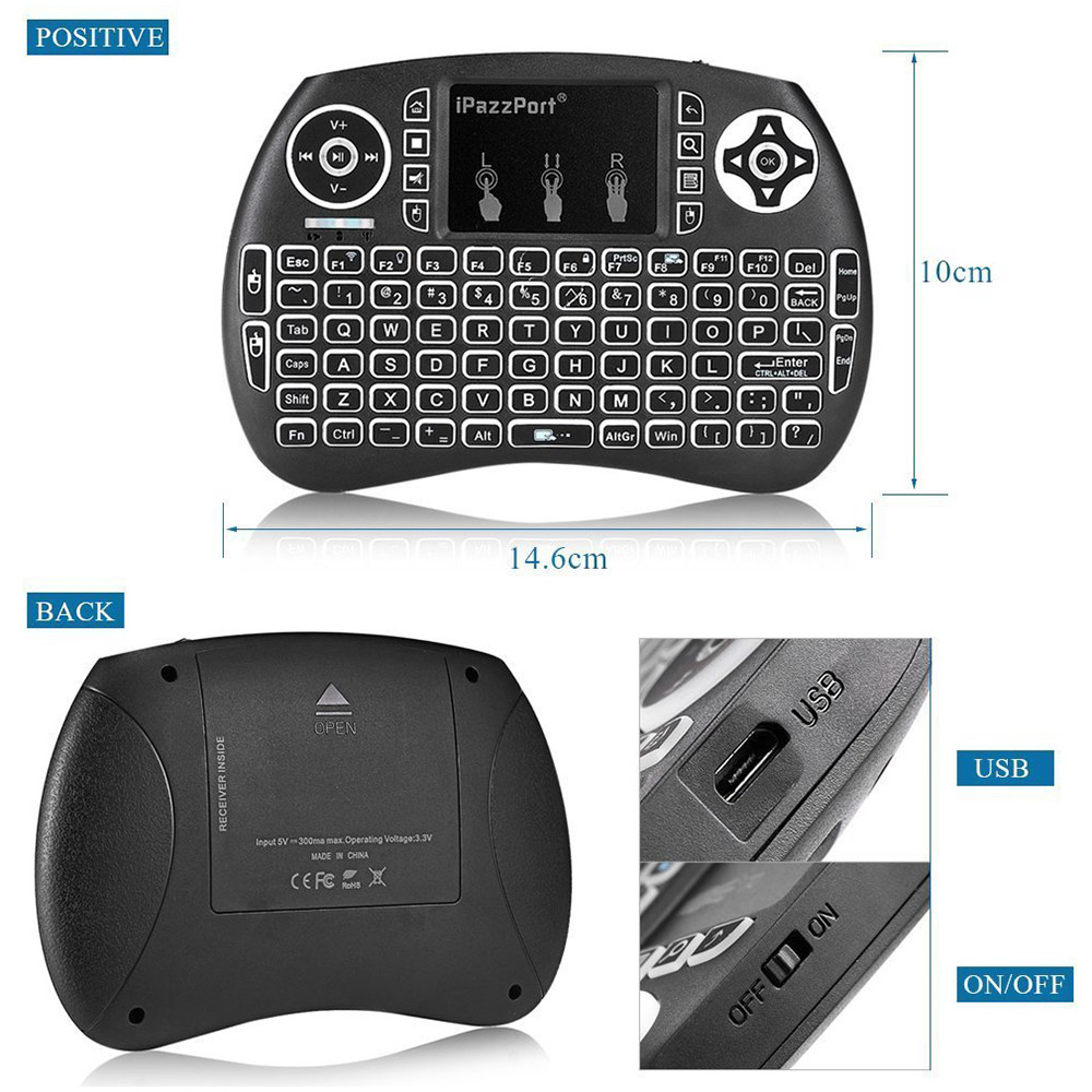 iPazzPort KP-810-21SDL Mini 3-Colour Backlit 2.4G Wireless Keyboard Air Mouse Combo with Touchpad DPI Adjustable for Windows Mac OS Linux Android/Google/Smart TV