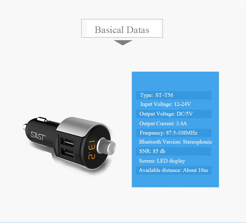 SAST T56 Dual USB Ports Wireless Bluetooth Car Charger MP3 Player FM Transmitter Handsfree Calling with Voltage Diagnostic - Black+Silver
