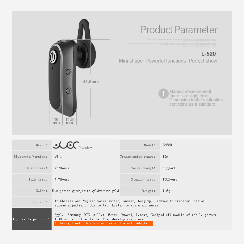 Yuer L-520 Single Business Bluetooth Headphone with Mic Stereo Hands-free Earphone - Black