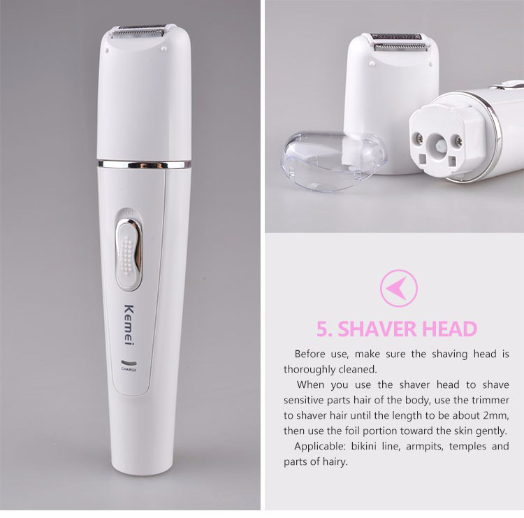 Kemei KM-2199 5 In 1 Beauty Tool Kit Electric Epilator Lady Shaver Machine Hair Removal Facial Cleansing Massage -White