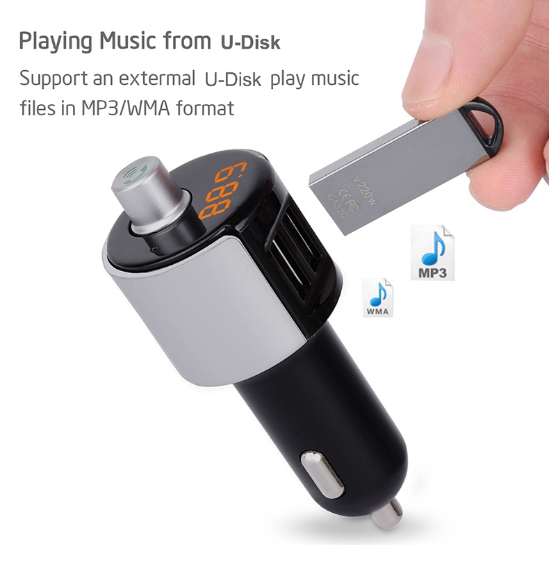 SAST T56 Dual USB Ports Wireless Bluetooth Car Charger MP3 Player FM Transmitter Handsfree Calling with Voltage Diagnostic - Black+Silver