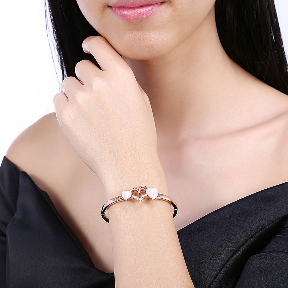 LKN18KRGPZ086 Trendy Bracelet Shinning Semi-precious Stone Heart Shape Chain Gift -Rose Gold