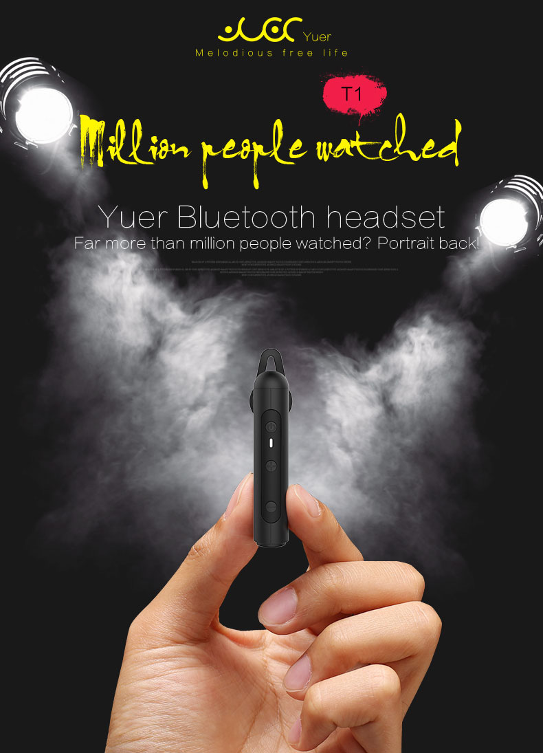 YUER T1 Single Wireless Bluetooth Earphone Noise Reduction Stereo Music Headset - Black