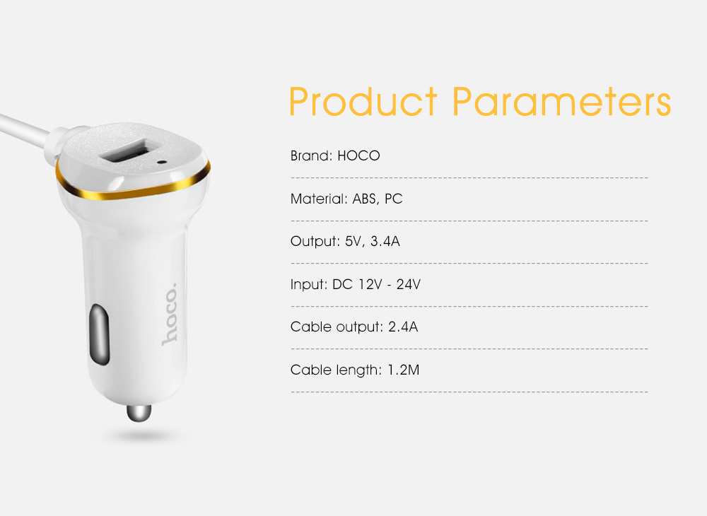 HOCO Z5 Single USB Smart Car Charger 5V 3.4A with Type-C Micro USB 8Pin Three in One Cable Wide Compatible - White
