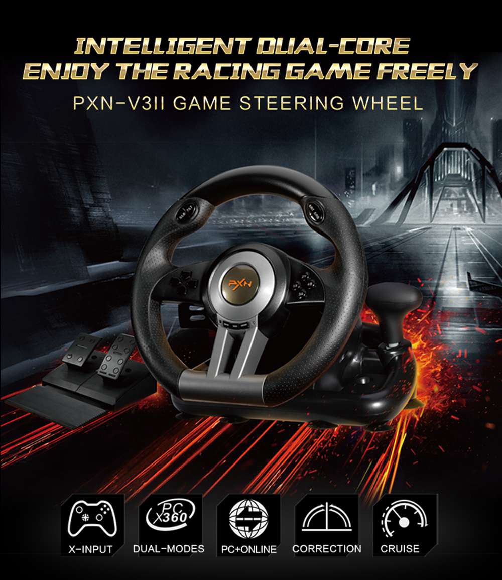 PXN-V3II Wired Racing Wheel Illusiveness Vibration Motor with Pedals PC Game Hardware for PC - Black