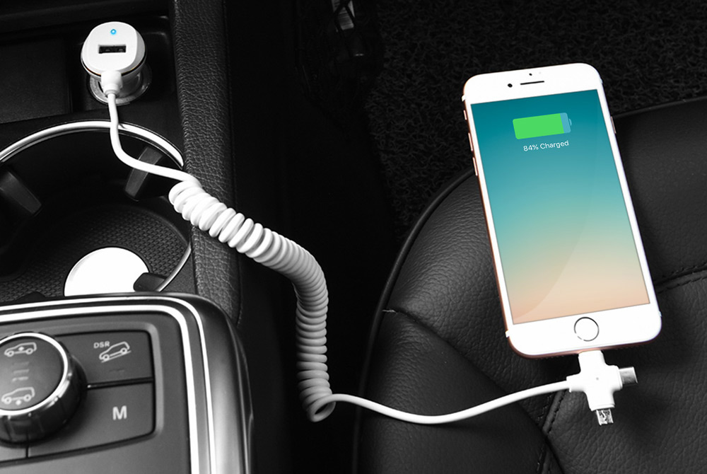 HOCO Z5 Single USB Smart Car Charger 5V 3.4A with Type-C Micro USB 8Pin Three in One Cable Wide Compatible - White
