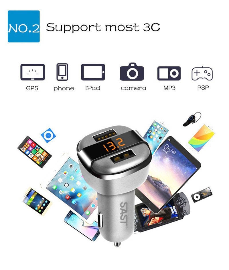 SAST T52S Dual USB Ports Car Charger 5V 3.4A Car Cigarette Lighter Socket Voltage-testing Extension Charging Cable Multi-protections - Gray