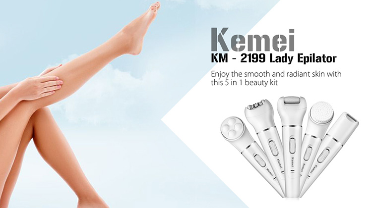 Kemei KM-2199 5 In 1 Beauty Tool Kit Electric Epilator Lady Shaver Machine Hair Removal Facial Cleansing Massage -White
