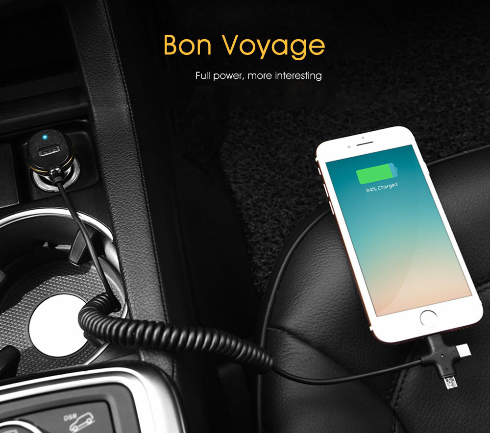HOCO Z5 Single USB Smart Car Charger 5V 3.4A with Type-C Micro USB 8Pin Three in One Cable Wide Compatible - White