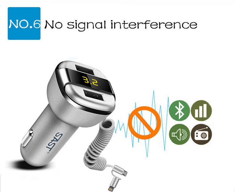 SAST T52S Dual USB Ports Car Charger 5V 3.4A Car Cigarette Lighter Socket Voltage-testing Extension Charging Cable Multi-protections - Gray