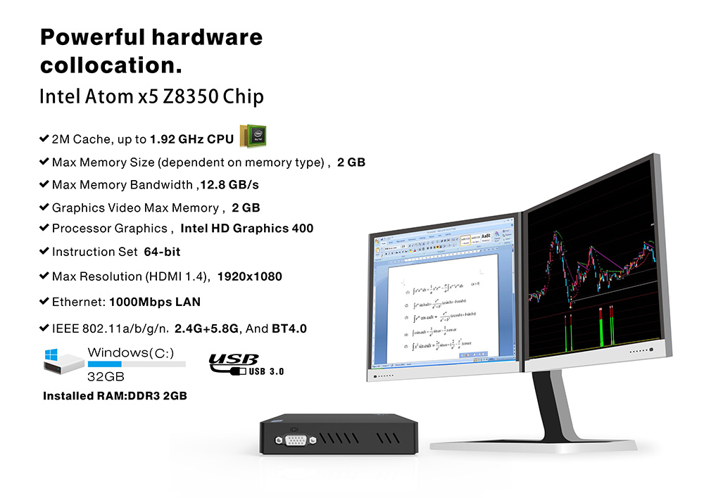 Z83V Windows 10 64Bit Intel Atom X5 Z8350 4K MINI PC 2GB/32GB 2.4G/5.8G WIFI Gigabit LAN Bluetooth HDMI USB3.0