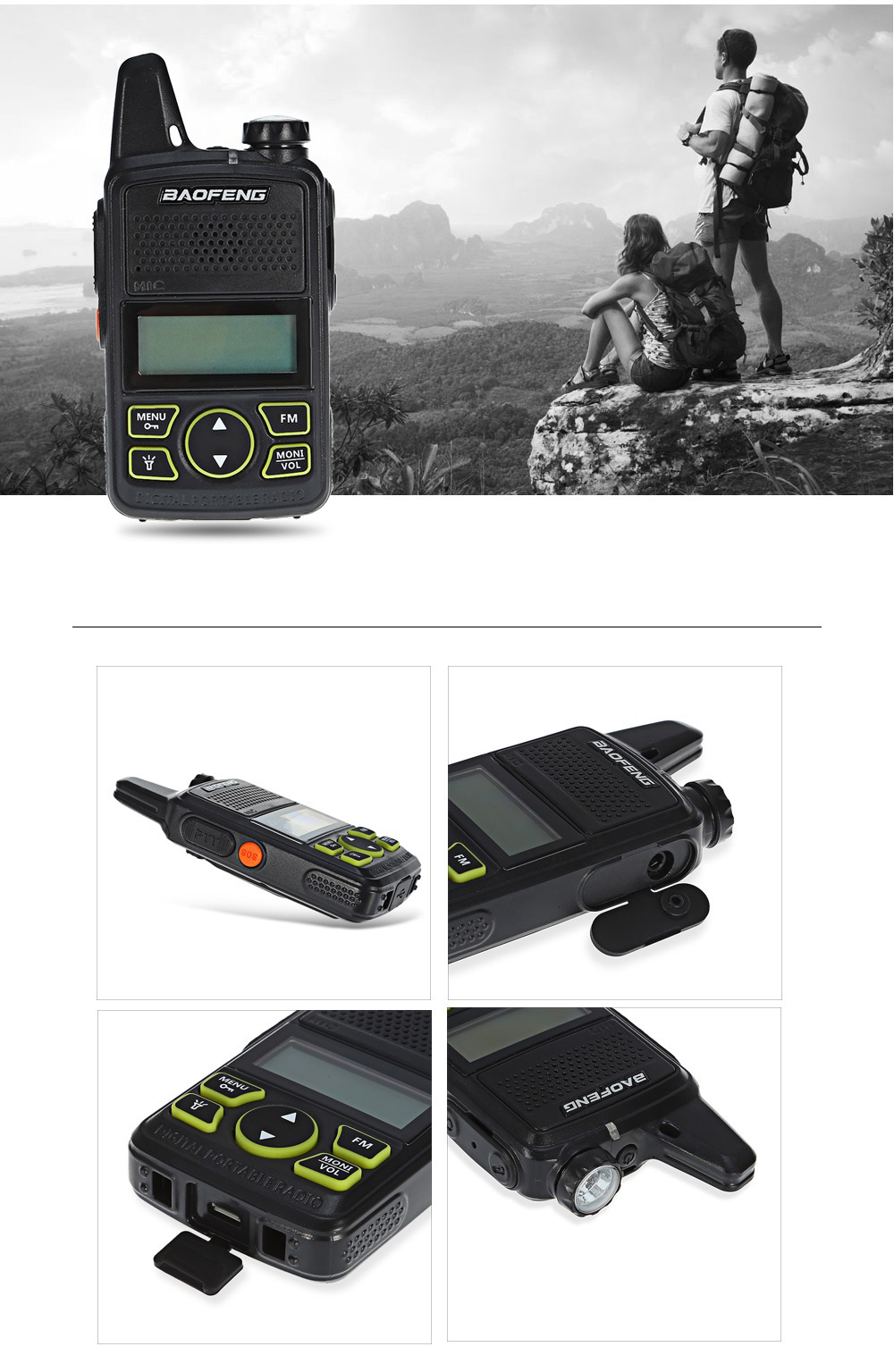 BAOFENG BF T1 Outdoor Walkie Talkie VOX Mini FM Radio with Flashlight -Black
