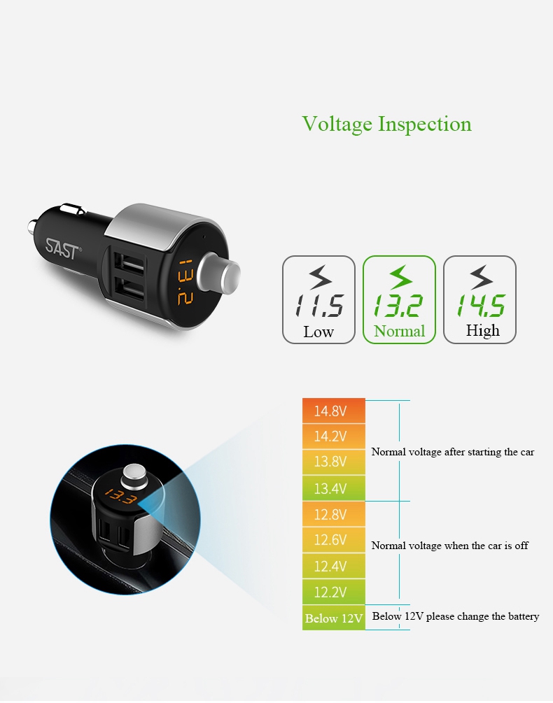 SAST T56 Dual USB Ports Wireless Bluetooth Car Charger MP3 Player FM Transmitter Handsfree Calling with Voltage Diagnostic - Black+Silver