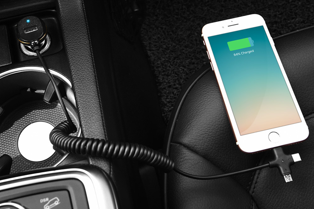 HOCO Z5 Single USB Smart Car Charger 5V 3.4A with Type-C Micro USB 8Pin Three in One Cable Wide Compatible - White