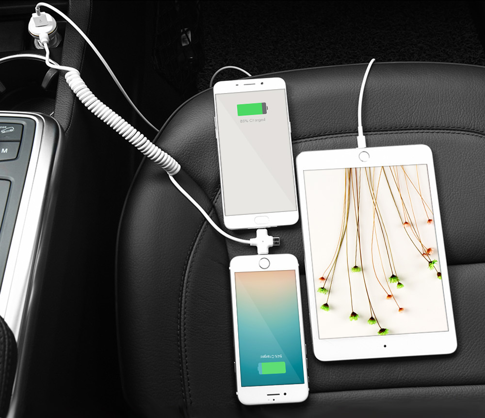 HOCO Z5 Single USB Smart Car Charger 5V 3.4A with Type-C Micro USB 8Pin Three in One Cable Wide Compatible - White