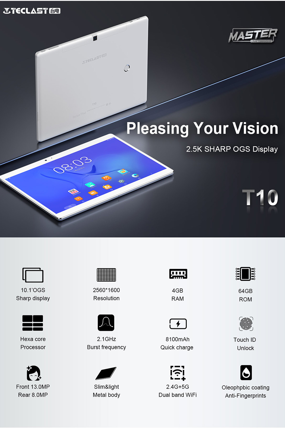 Teclast T10 10.1" Android 7.0 Tablet MediaTek MT8176 Hexa Core 2.1GHz 4GB RAM 64GB Touch ID Dual Camera Dual Band Wifi - Silver/White