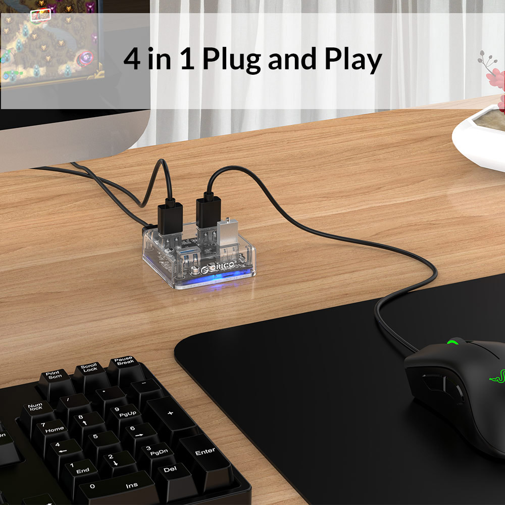 ORICO 4 Ports USB 3.0 Hub 30 CM Data Cable 4 in 1 Plug And Play LED Portable Stable for Desktops Laptops Widely Compatible - Transparent