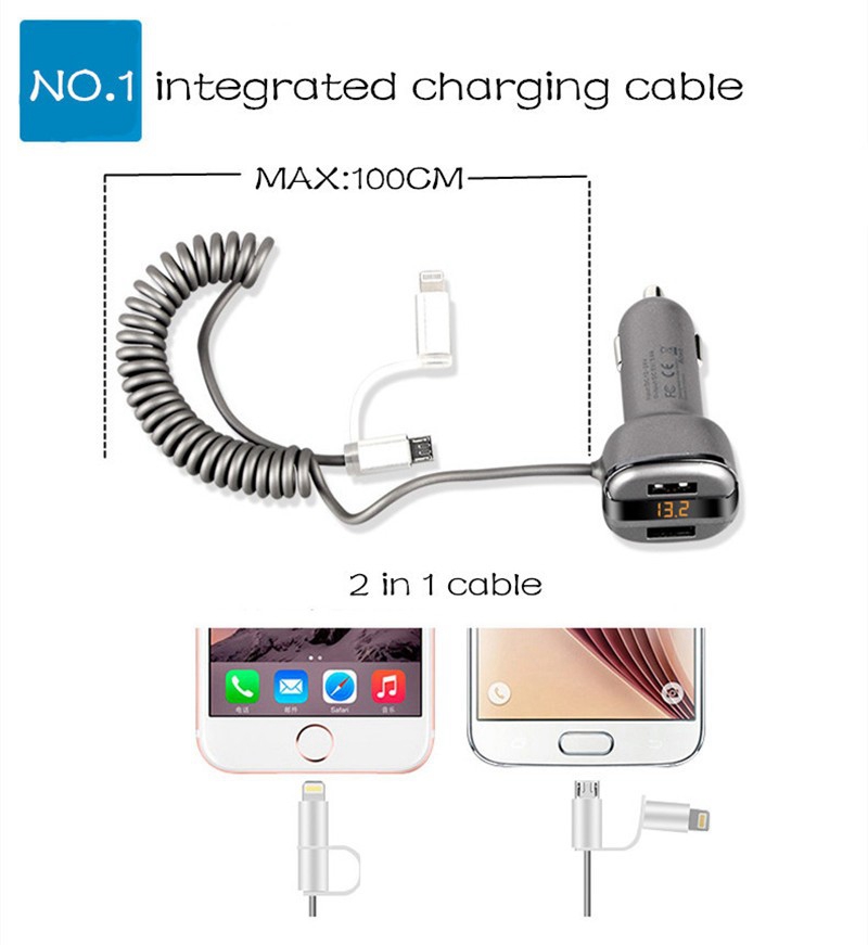 SAST T52S Dual USB Ports Car Charger 5V 3.4A Car Cigarette Lighter Socket Voltage-testing Extension Charging Cable Multi-protections - Gray