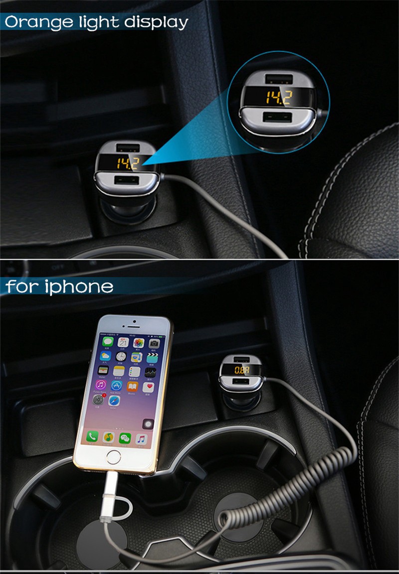 SAST T52S Dual USB Ports Car Charger 5V 3.4A Car Cigarette Lighter Socket Voltage-testing Extension Charging Cable Multi-protections - Gray
