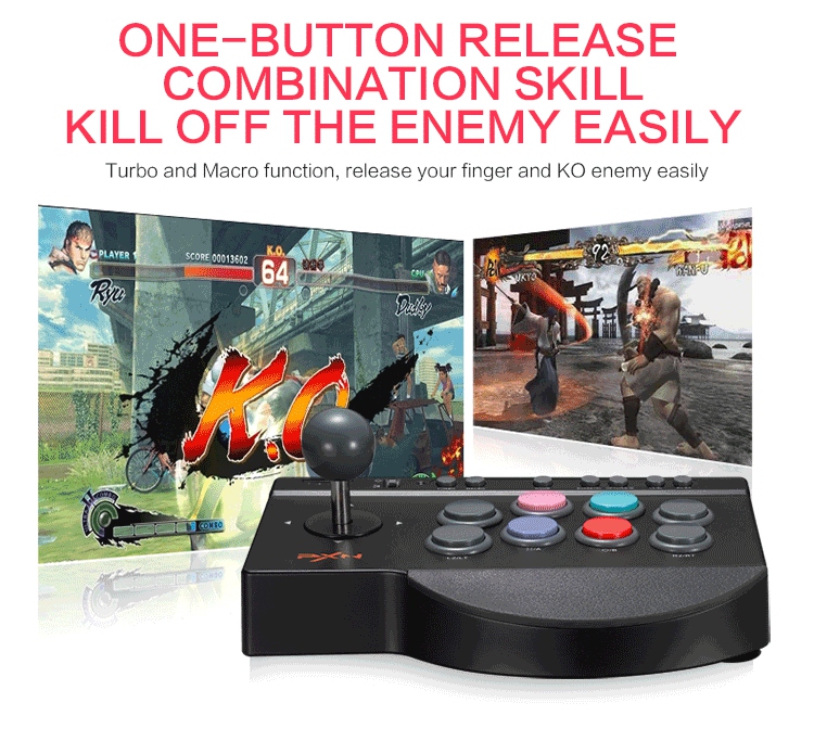 PXN-0082 Arcade Joystick TURBO & MACRO Function for PC/PS4/PS3/XBOX ONE - Black