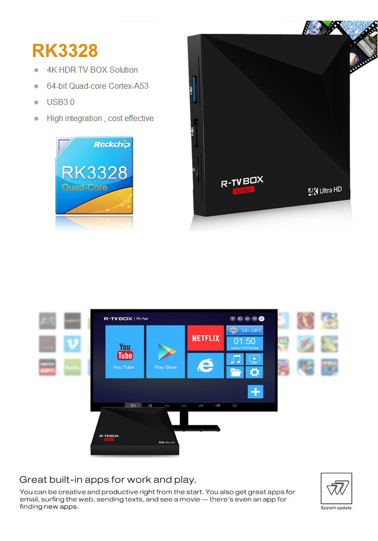 R-TV BOX MINI+ Android 7.1.1 RK3328 4K VP9 KODI 17.1 TV Box 2GB/16GB 802.11 b/g/n WIFI LAN H.265 HDR10 USB3.0