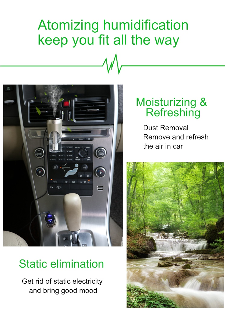 BC20 Multi-functional Car Charger Car Air Purifier Aroma Humidifier 5V 2.1A Portable Dual USB Continuous Intermittent Humidification - White