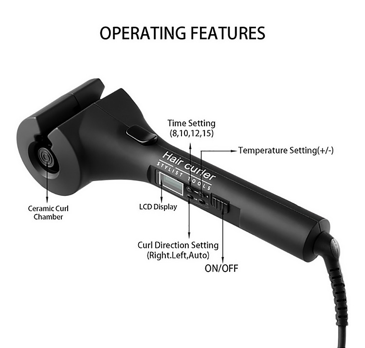 ShowCharm SC-811 Ceramic Hair Curler Automatic Curling Iron Wand Curls Machine with LCD Screen -US Plug