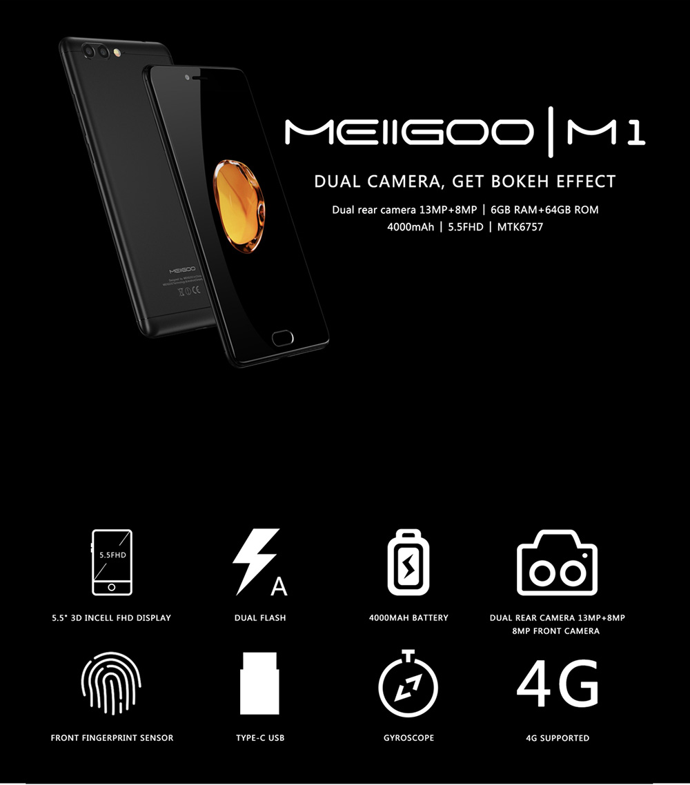 MEIIGOO M1 5.5 Inch 4G LTE Smartphone 13.0MP+8.0MP Dual Rear Cam FHD Screen 6GB RAM 64GB ROM Helio P20 MTK6757 Android 7.0 OTG Type-C 4000mAh - Black