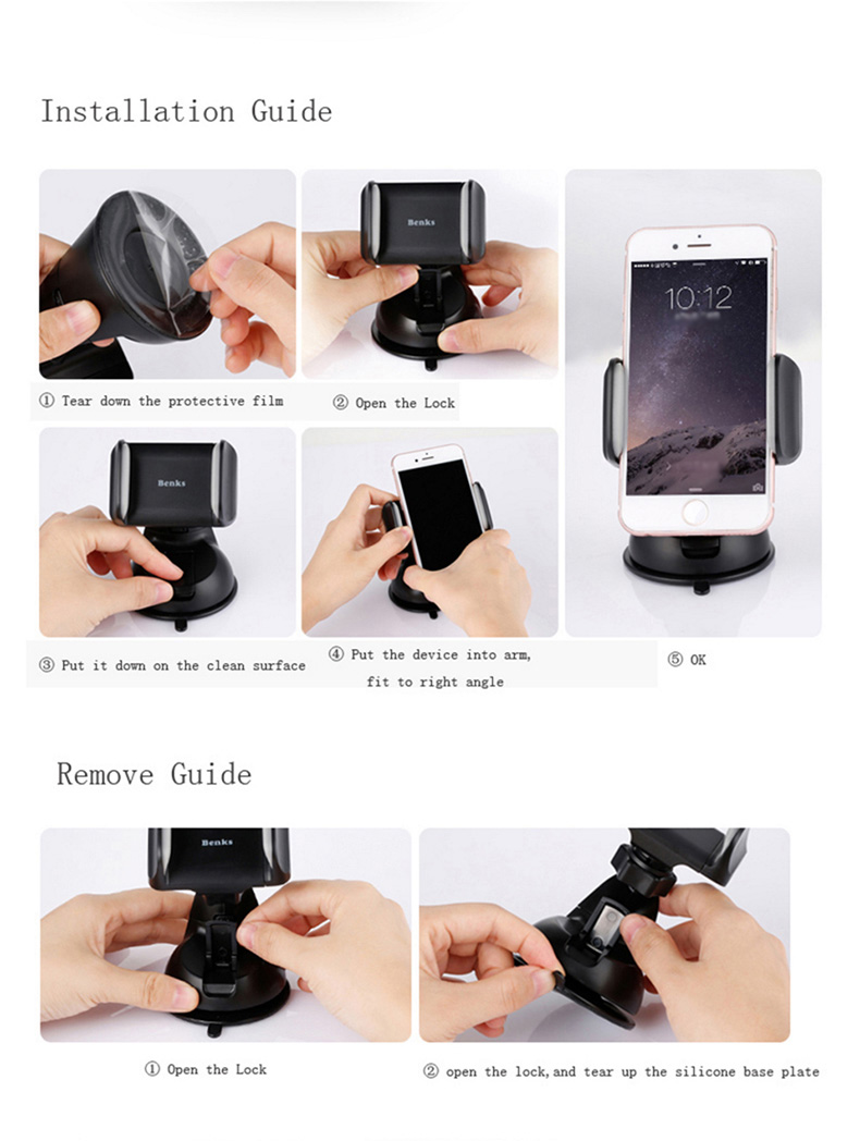 Benks Little Giant Car Mount Phone Holder Car Sucker Universal In Car Dashboard GPS Stand Desktop Stand Smart Back Clip - White
