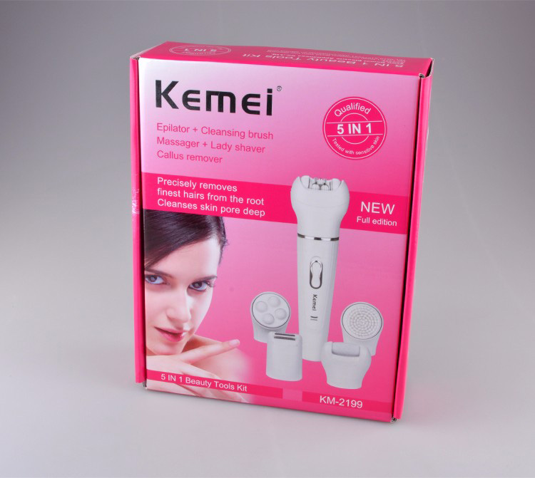 Kemei KM-2199 5 In 1 Beauty Tool Kit Electric Epilator Lady Shaver Machine Hair Removal Facial Cleansing Massage -White
