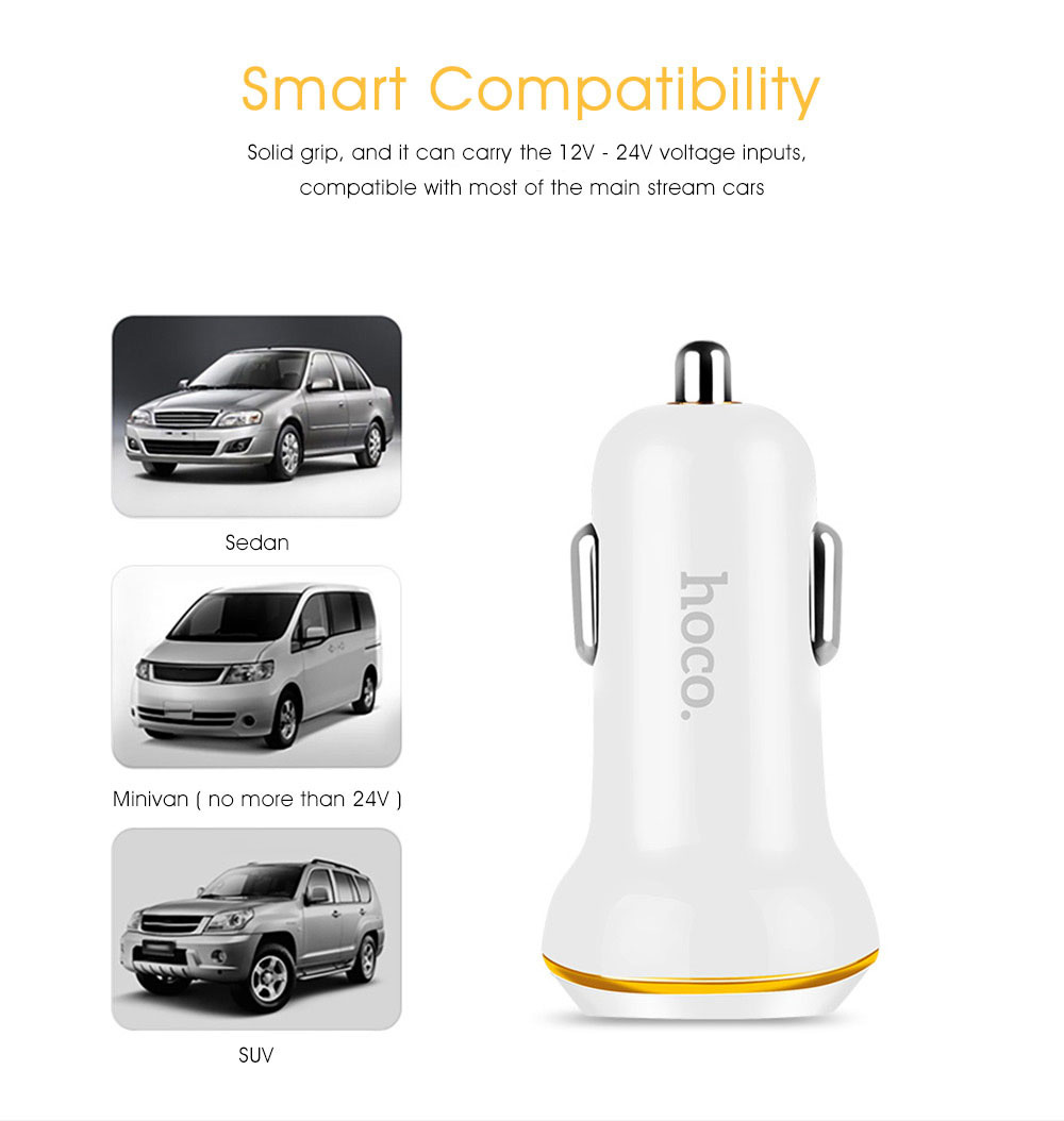HOCO Z5 Single USB Smart Car Charger 5V 3.4A with Type-C Micro USB 8Pin Three in One Cable Wide Compatible - White