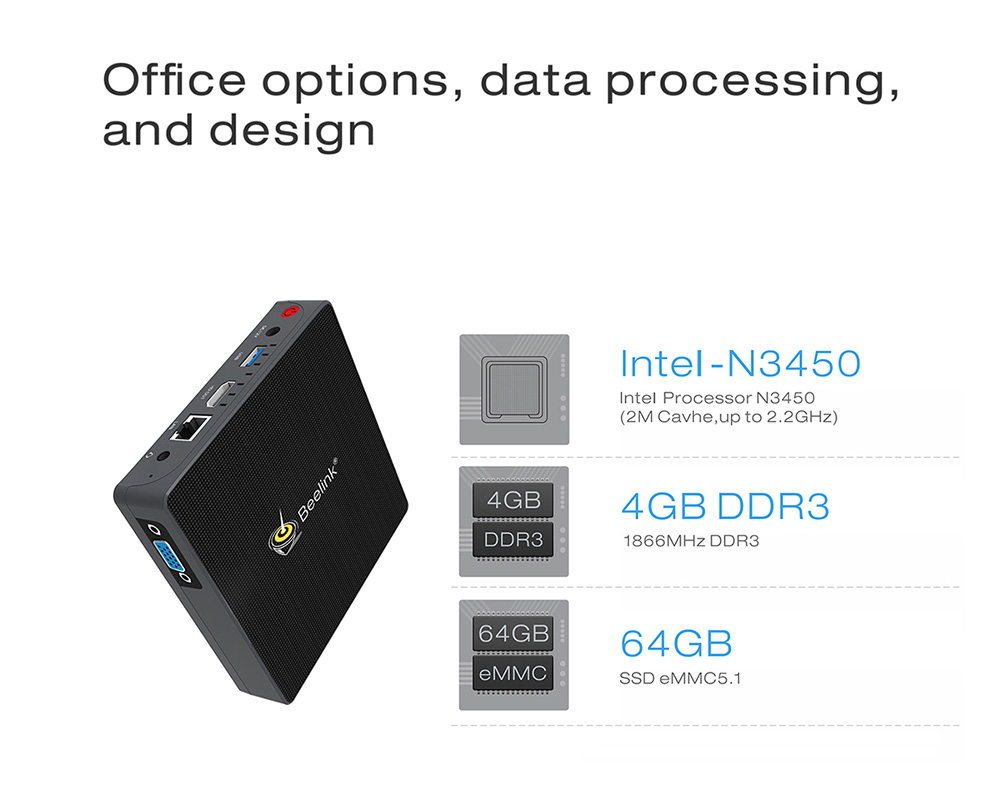 Beelink M1 Licensed Windows 10 64Bit MINI PC Intel Apollo Lake N3450 4GB/64GB 2.4G/5.8G WIFI Gigabit LAN VGA HDMI USB3.0 - Black
