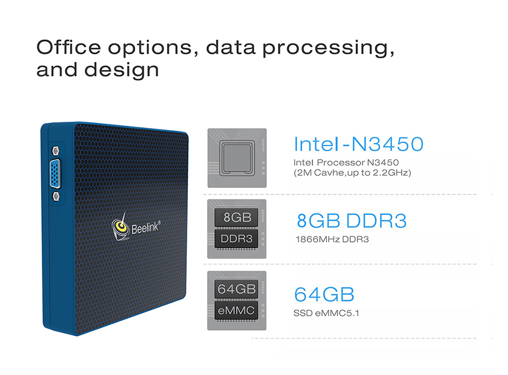 Beelink M1 Licensed Windows 10 64Bit MINI PC Intel Apollo Lake N3450 8GB/64GB 2.4G/5.8G WIFI Gigabit LAN VGA HDMI USB3.0 - Black + Blue