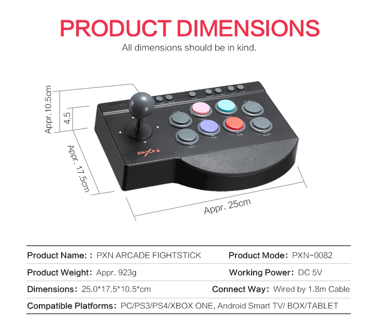 PXN-0082 Arcade Joystick TURBO & MACRO Function for PC/PS4/PS3/XBOX ONE - Black
